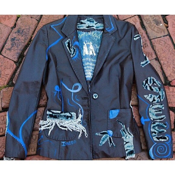 Vintage brown lambskin jacket; Hand painted, blue abstract unique hearts fringe - Picture 9 of 16